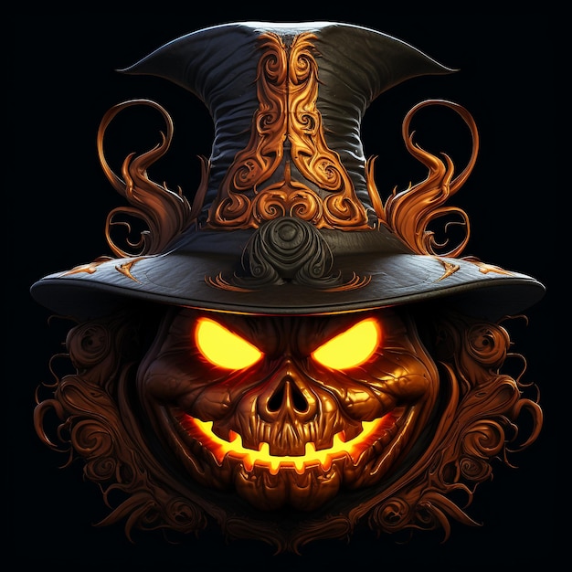 Фото Страшная резная мультяшная тыквенная голова на хэллоуин в шляпе ведьмы