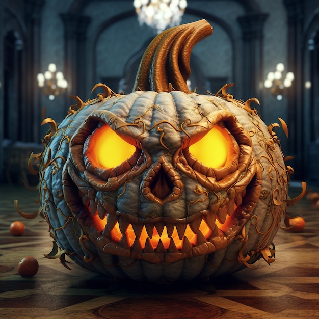 Страшная резная мультяшная тыквенная голова на Хэллоуин в шляпе ведьмы