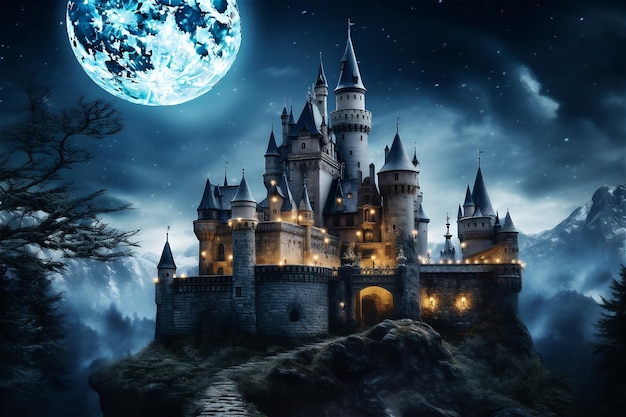 Scary castle at night haunted place on Halloween Dark scene with Gothic castle in full moon