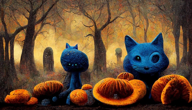 Scary cat and pumpkins in Halloween enchanted forest Ai generated art