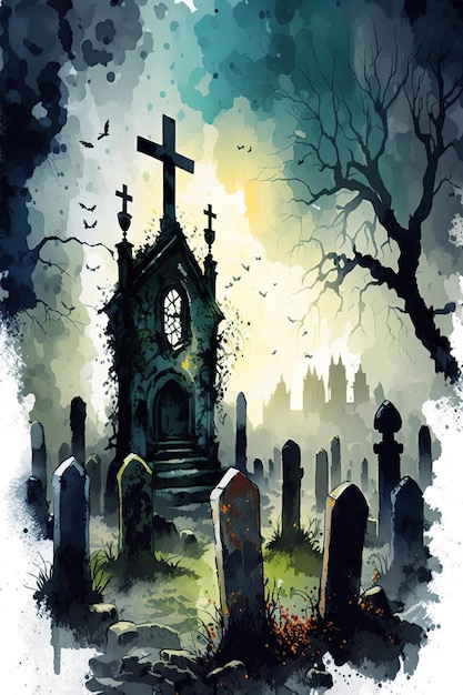 Scary cemetery cartoon illustration