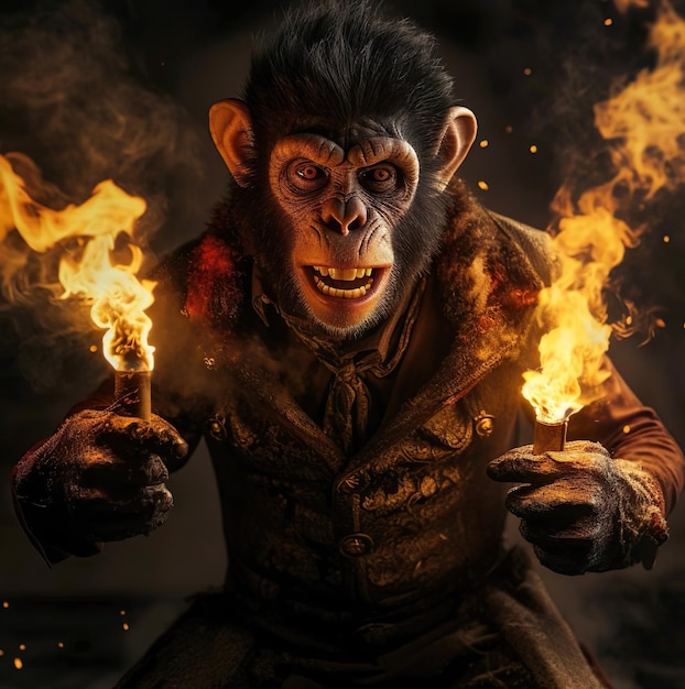 A scary chimpanzee holds a torch that is lit up with flames