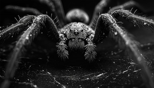 Photo scary close up of a spider on black background close up spiders web on retro vintage black color