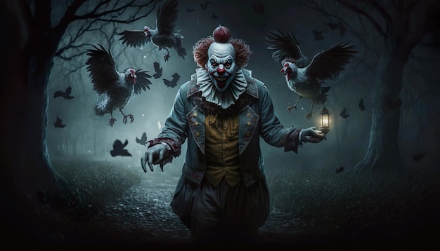 A scary clown in a dark forest with turkeys on the background