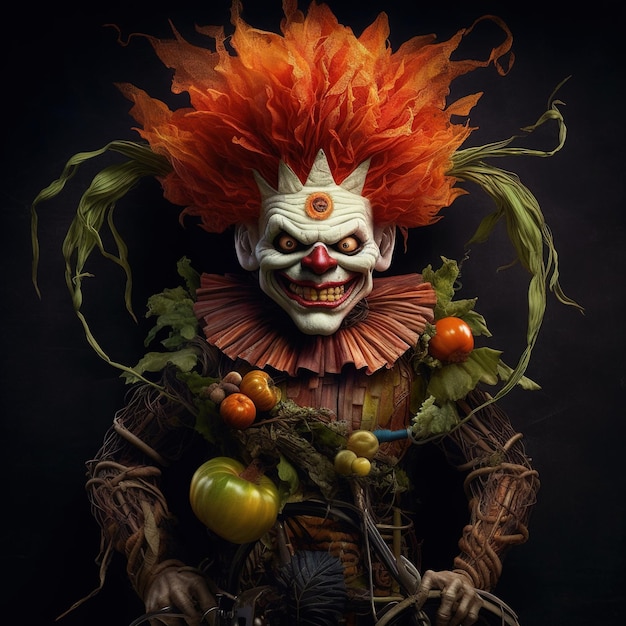 A scary clown with orange hair and a red eye is standing in front of a black background