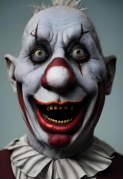 Страшный клоун с желтым носом и красными глазами