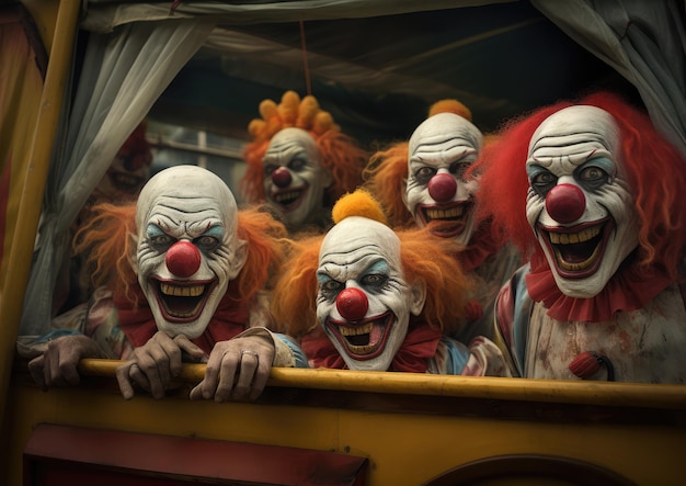 Scary clowns lurking around a creepy carnival