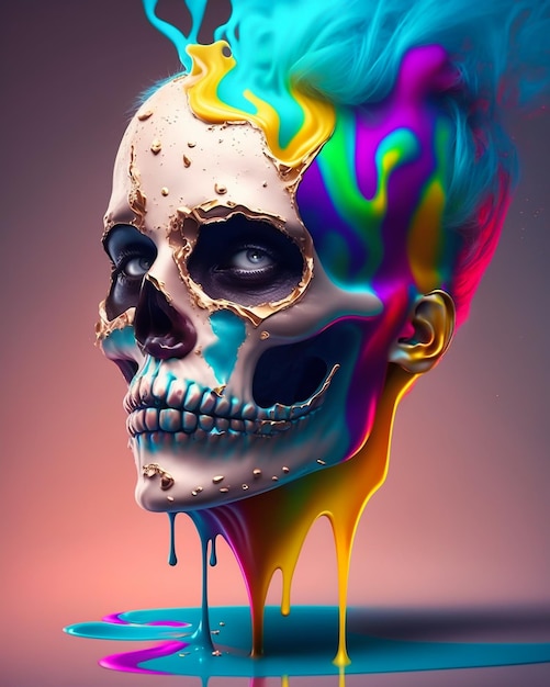 a scary colorful painted skull in clown makeup and splash colors