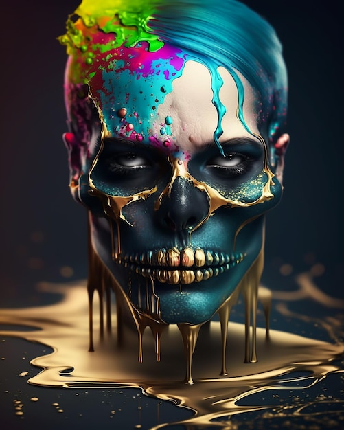 a scary colorful painted skull in clown makeup and splash colors