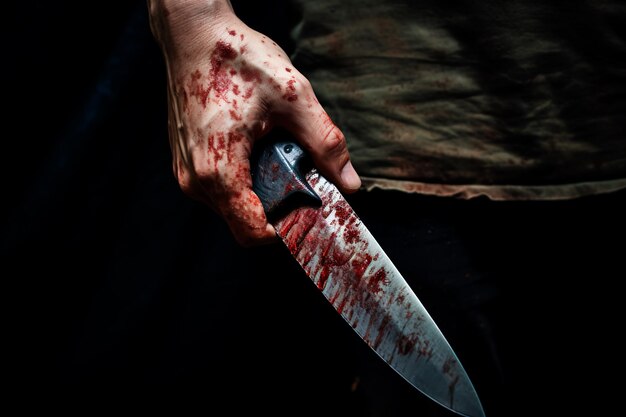 Foto immagine concettuale spaventosa di un coltello insanguinato in mano
