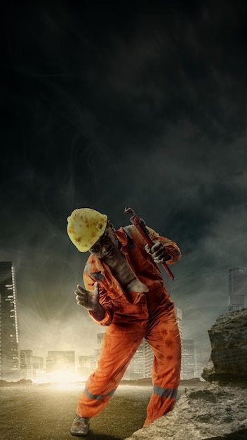 A scary construction worker zombie with blood and wounds on his body is walking while carrying a pipe wrench in the ruined city Scary zombie Halloween concept