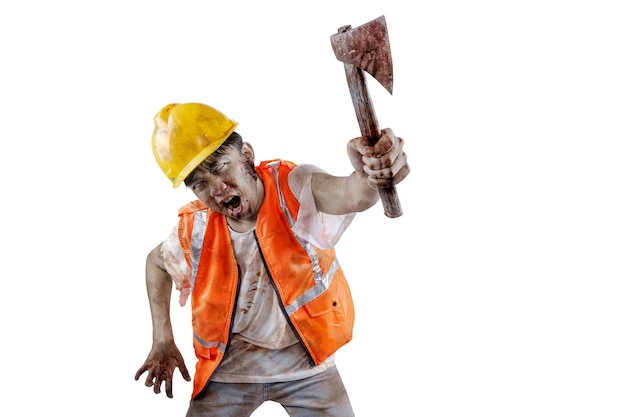  ⁇ 색 배경 위에 고립 된 도끼를 들고  ⁇ 는 그의 몸에 피와 상처가있는 무서운 건설 노동자 좀비