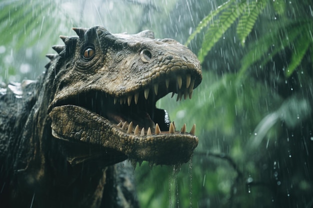 Фото Страшный жуткий динозавр в дождливых джунглях