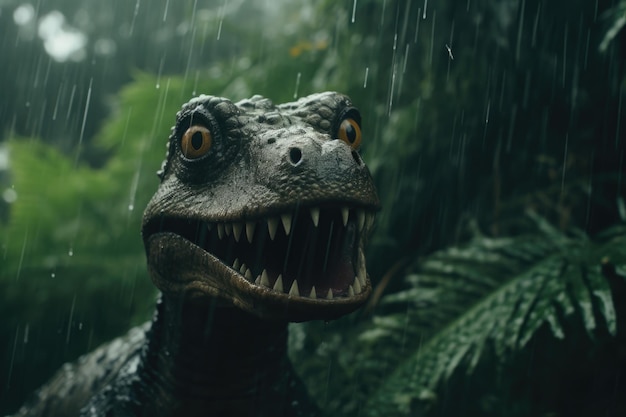 雨のジャングルの恐ろしい不気味な恐竜
