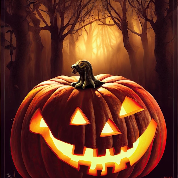 Scary creepy Happy Halloween pumpkin on forest night background 3D illustration