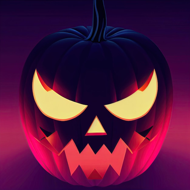 Scary creepy Happy Halloween pumpkin purple background 3D illustration