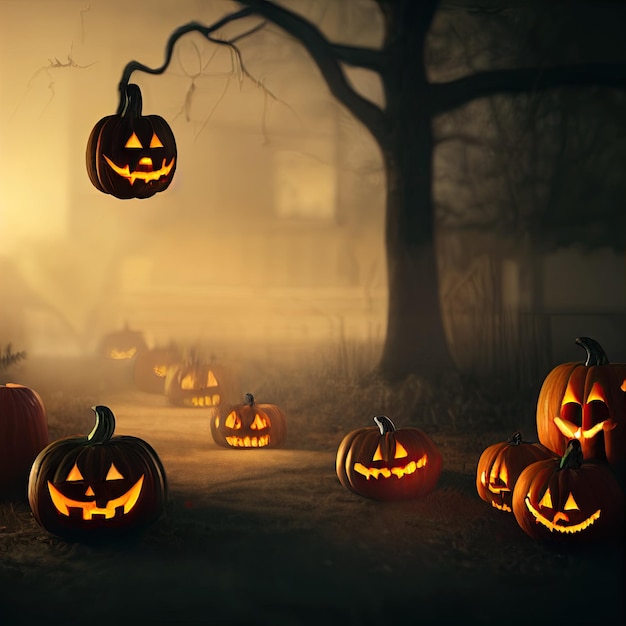 Scary creepy Happy Halloween pumpkins night scene background 3D illustration