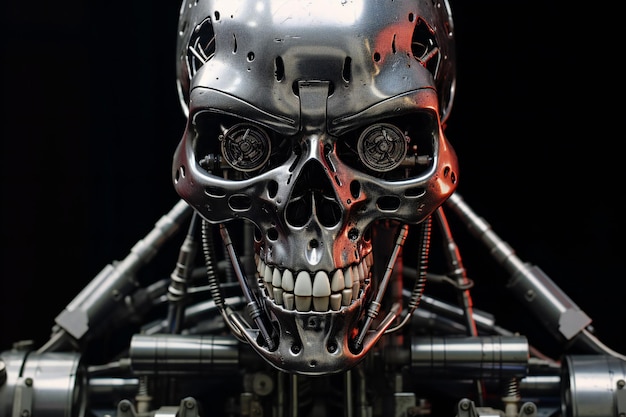Photo scary cyborg endoskeleton portrait on black background
