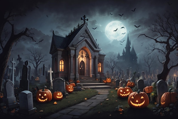 Scary and Dark Cemetery at Night Filled with Halloween Pumpkins 3
