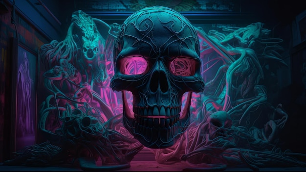 Scary dark horror neon surrealism wallpaper Generative ai