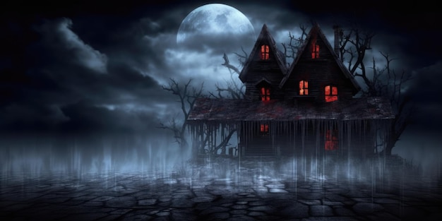 A scary dark house with the moon behind it