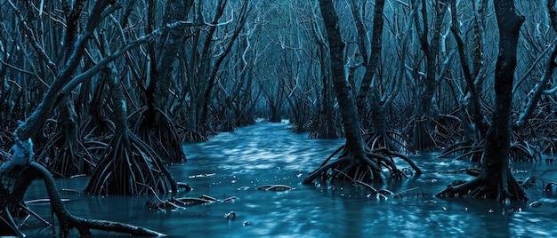 恐ろしい暗い熱帯の森 夕暮れの恐ろしい森 水の中のマングローブの木 憂鬱な童話のジャングル 幻想の自然ホラー映画のコンセプト