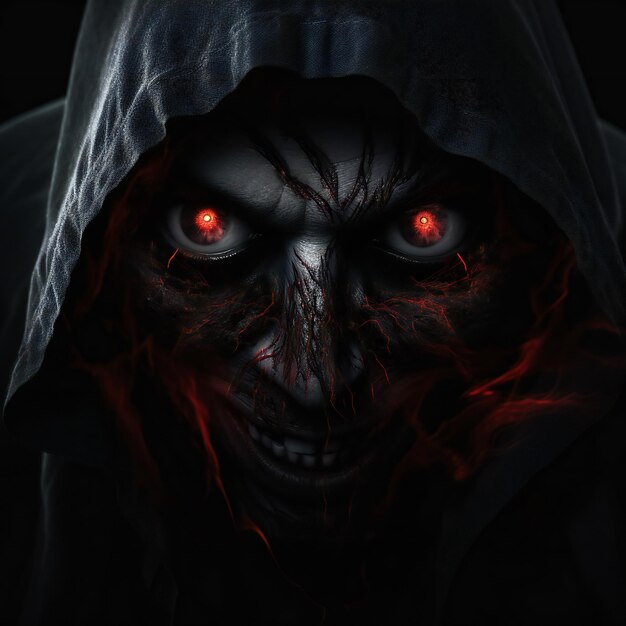 Фото Страшное лицо смерти смотрит на тебя с красными глазами из темного космоса.