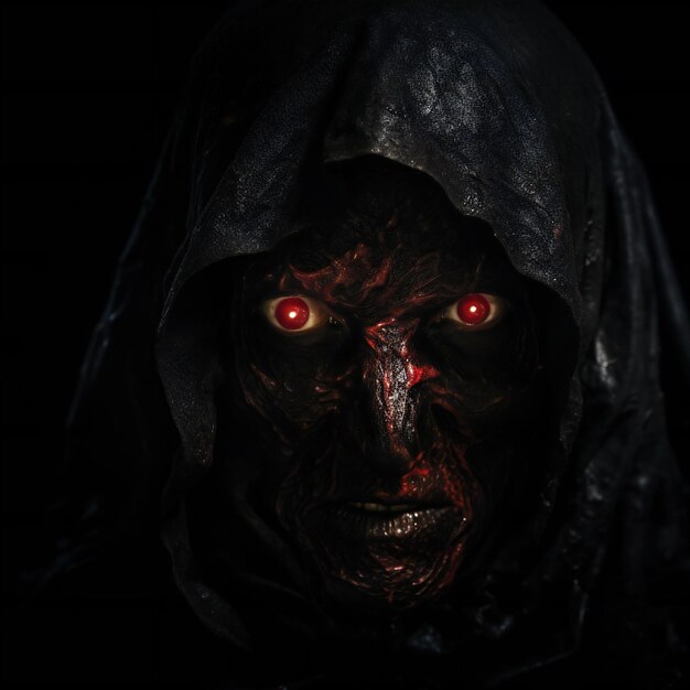 Photo scary death face staring at you with red eyes from dark space