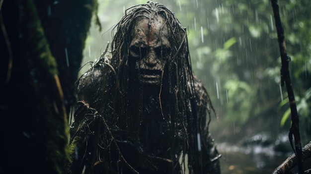 Scary Demon in the Rainy Jungle