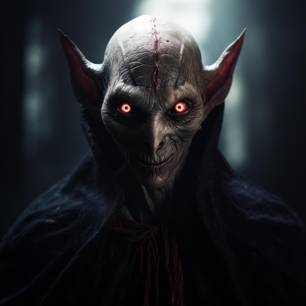 Страшный демон с красными глазами. Существо-вампир, вдохновленное Vray Tracing
