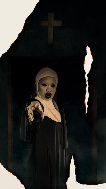 Scary devil nun standing with a cross and an open door on a dark background Scary woman Halloween concept