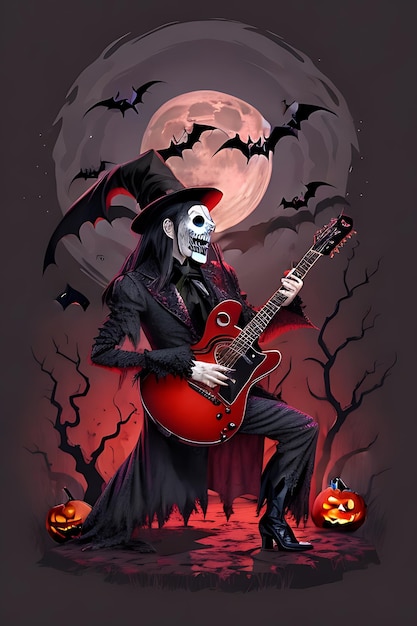 A scary Dracula playing guitar Halloween character