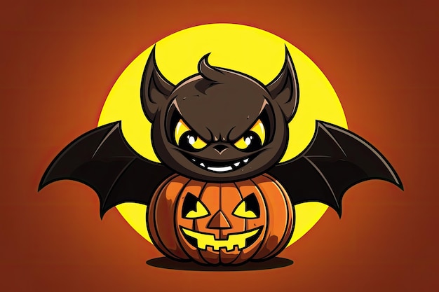 scary drawn bat in a pumpkin on yellow and orange background