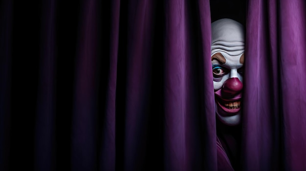 a scary evil clown peering out from a purple stage curtain asking for silence with a negative space on one side Generative Ai