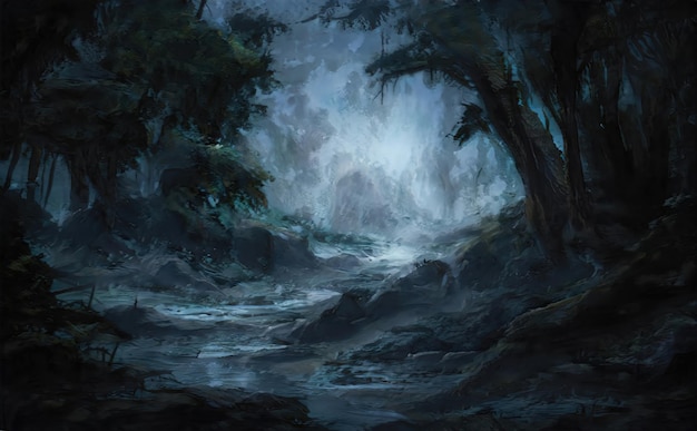 Страшная сказка мистический лес Скрученные жуткие деревья волшебный лесной пейзаж Художественные деревья возле тропы Удивительная природа лесной долины