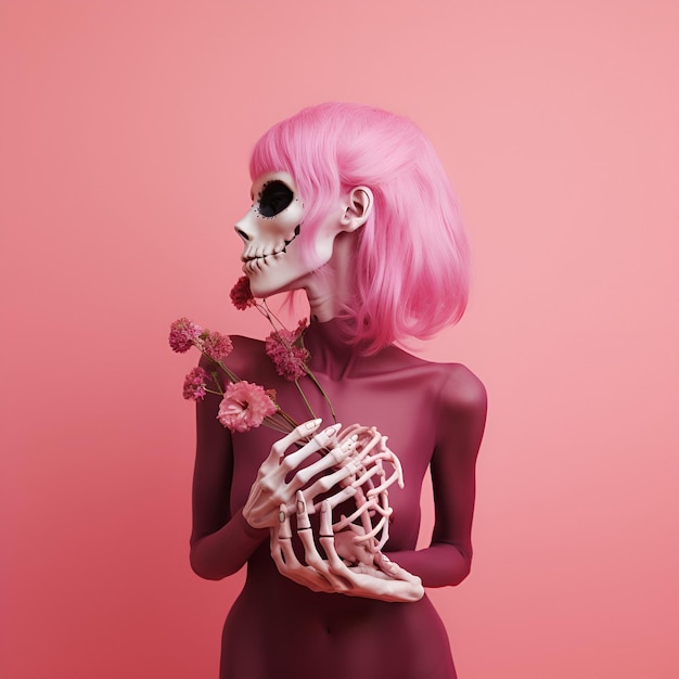 Scary female skeleton in pink wig Pink haired girl Halloween portrait Generated AI