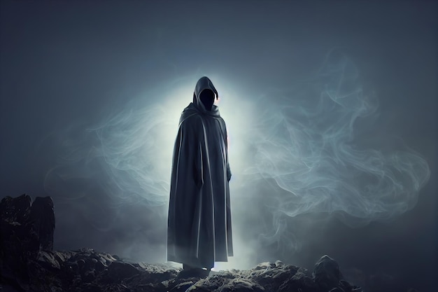 Scary figure in hooded cloak in the dark 3D render. Raster illustration.