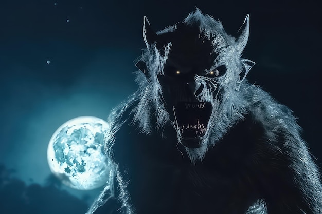 Photo scary figure of a werewolf on a halloween theme against the background of the full moon ai