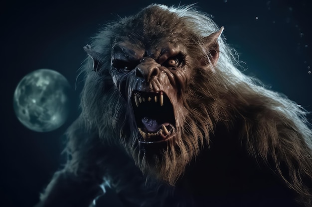 Scary figure of a werewolf on a halloween theme against the background of the full moon AI