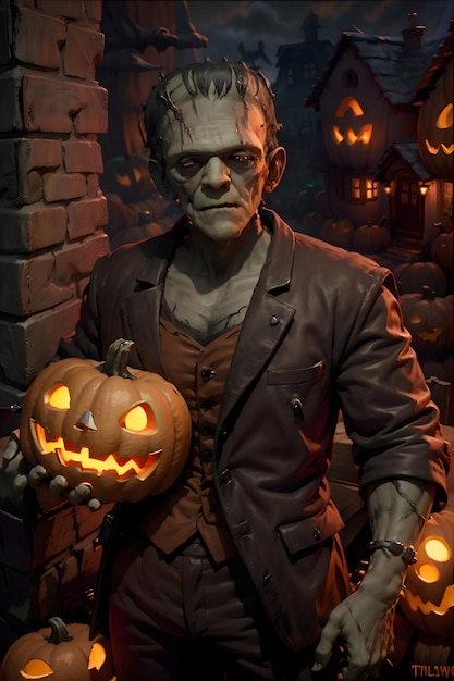 Scary frankenstein with jackolantern stands on the porch of the house