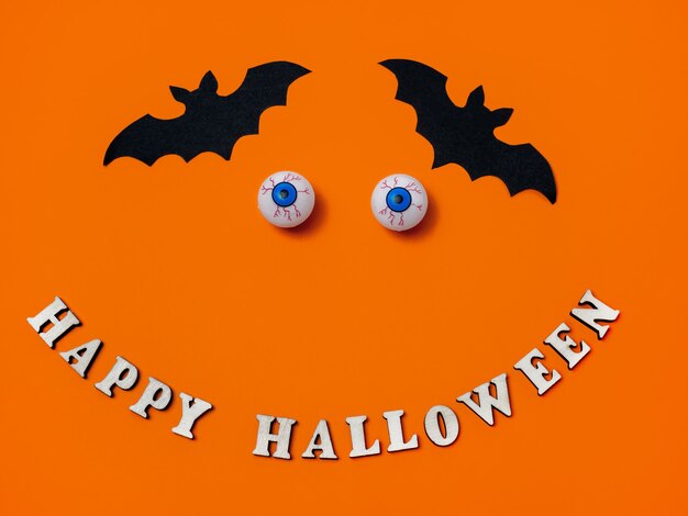 Scary and funny eyes on an orange background for halloween, copy space