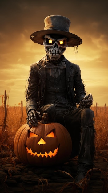 A scary garden scarecrow with glowing eyes sits with a Jackolantern in a corn field Halloween design