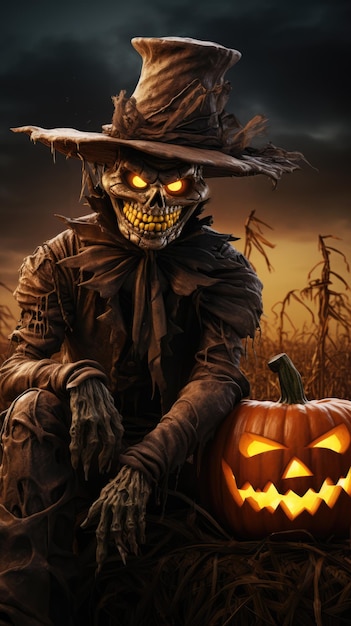 A scary garden scarecrow with glowing eyes sits with a Jackolantern in a corn field