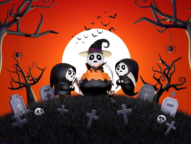 Scary ghost in the cemetery on a full moon night Happy Halloween day 3d illustration