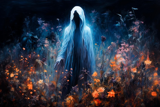 Scary ghost in night flower garden Halloween concept