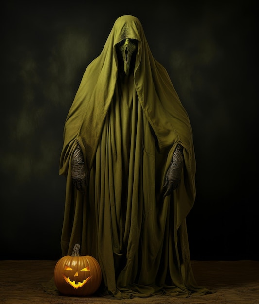 A scary ghost with a pumpkin in front of it