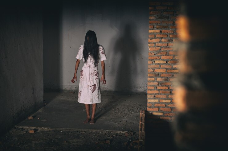 Scary ghost woman dark in haunted house Halloween theme reaches out and blood