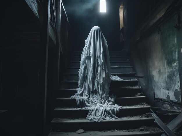Страшная женщина-призрак в заброшенном доме с привидениями на фоне Хэллоуина