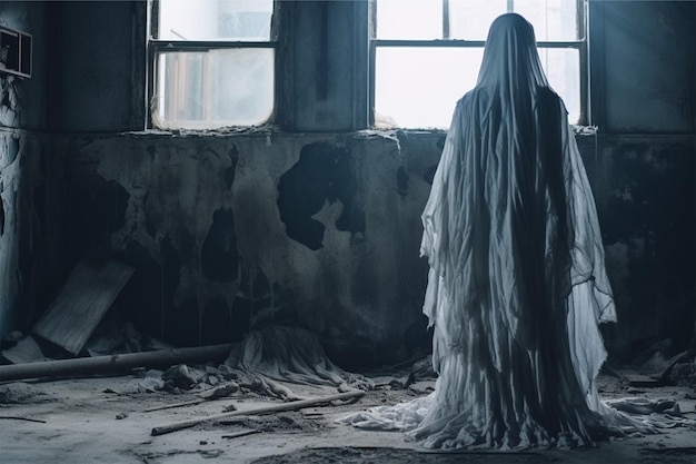 scary ghost woman standing in the abandoned buildi