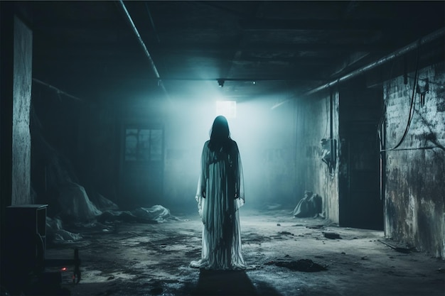 scary ghost woman standing in the abandoned buildi